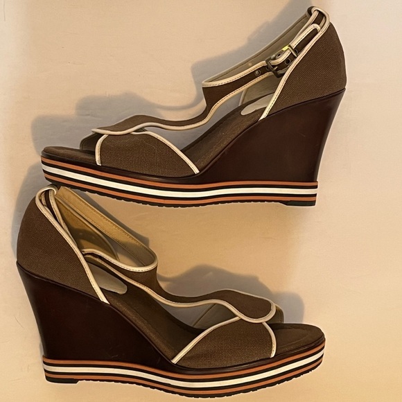 Cole Haan G Series Brown Canvas Stripes Peep Toe Wedge Heel Sandal - Picture 14 of 17